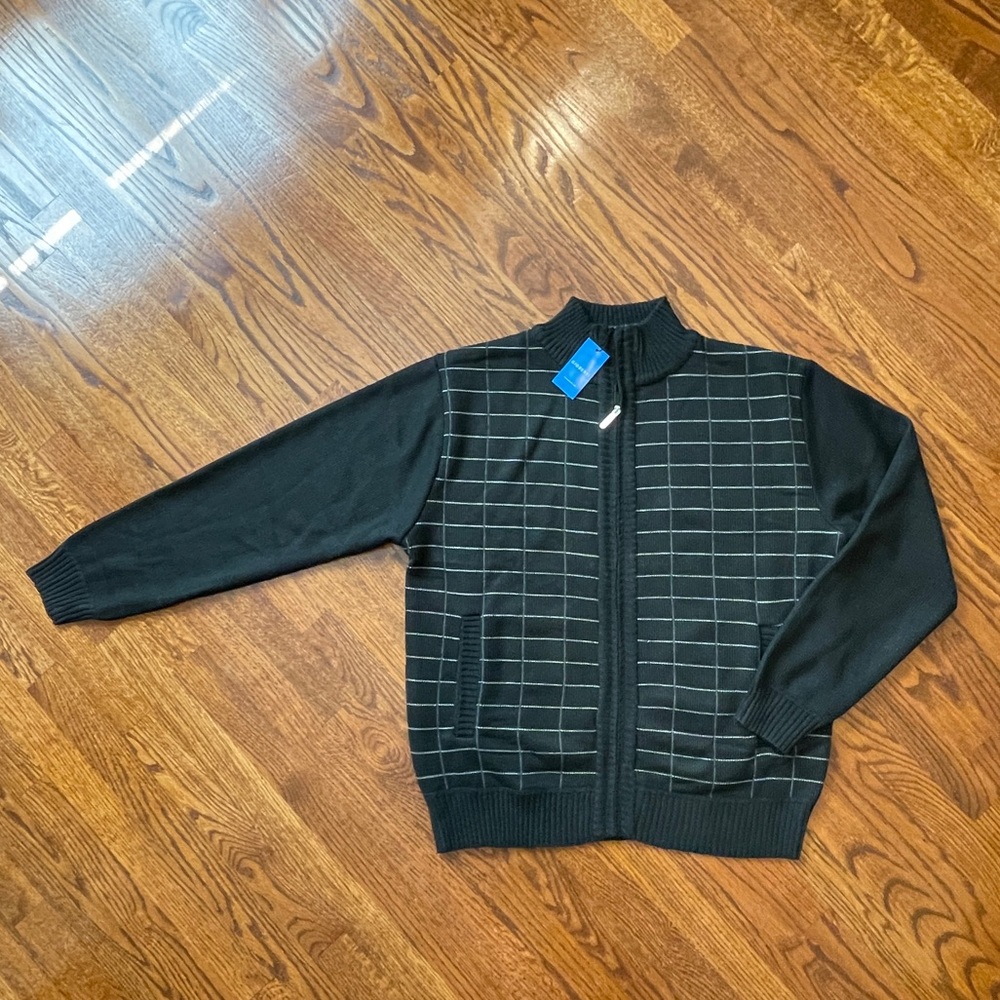 NWT Gioberti Black/White/Gray Windowpane Fleece-Lined Full-Zip Sweater - Size L